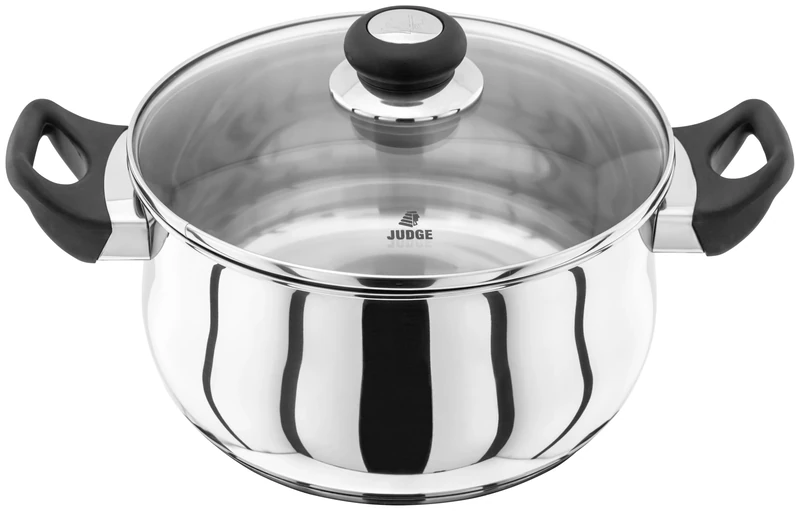 Judge Vista Stainless Steel Large Casserole Pot with Twin Handles 24cm, 4L, Shatterproof Vented Glass Lid, Induction Ready, Oven Safe