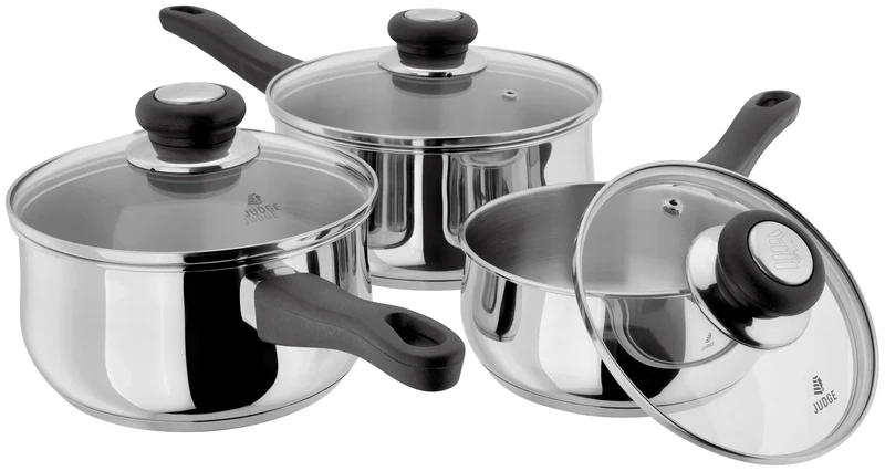 Judge Vista Set of 3 Stainless Steel Pans, 16cm, 18cm & 20cm Saucepans, Shatterproof Vented Glass Lids, Induction Ready, Oven Safe