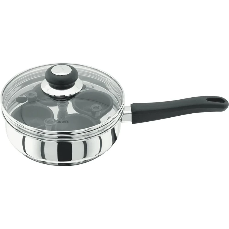 Judge Vista Stainless Steel Four-Cup Egg Poacher and Frying Pan, 20cm, Shatterproof Vented Glass Lid, Induction Ready, Oven Safe