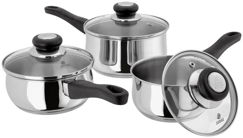 Judge Vista Set of 3 Stainless Steel Pans, 14cm,16cm &18cm Saucepans, Shatterproof Vented Glass Lids, Induction Ready, Oven Safe