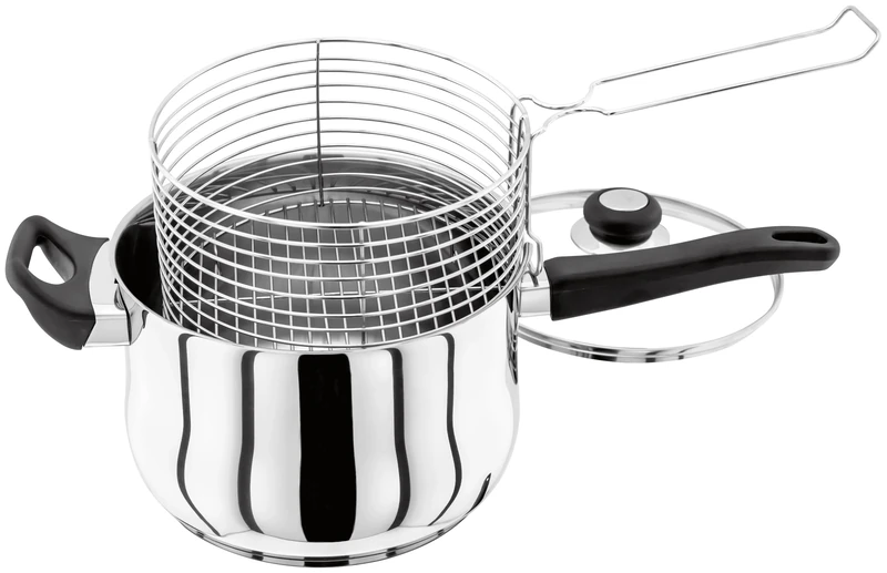Judge Vista Stainless Steel Chip Pan Fryer with Basket and Helper Handle 22cm, Shatterproof Vented Glass Lid, Induction Ready, Oven Safe