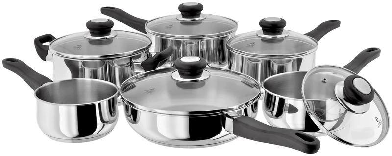 Judge Vista Set of 6 Stainless Steel Pans, 20cm Casserole, 24cm Saute Pan, 16cm, 18cm & 20cm Saucepans with shatterproof Vented Glass Lids, 14cm Milk Pan, Induction Ready, Oven Safe