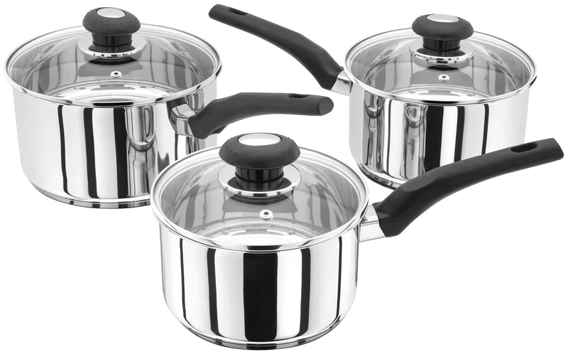 Judge Essentials Stainless Steel Set of Pans, 3-Piece Set, 16cm, 18cm & 20cm Saucepans, Vented Glass Lids, Induction Ready