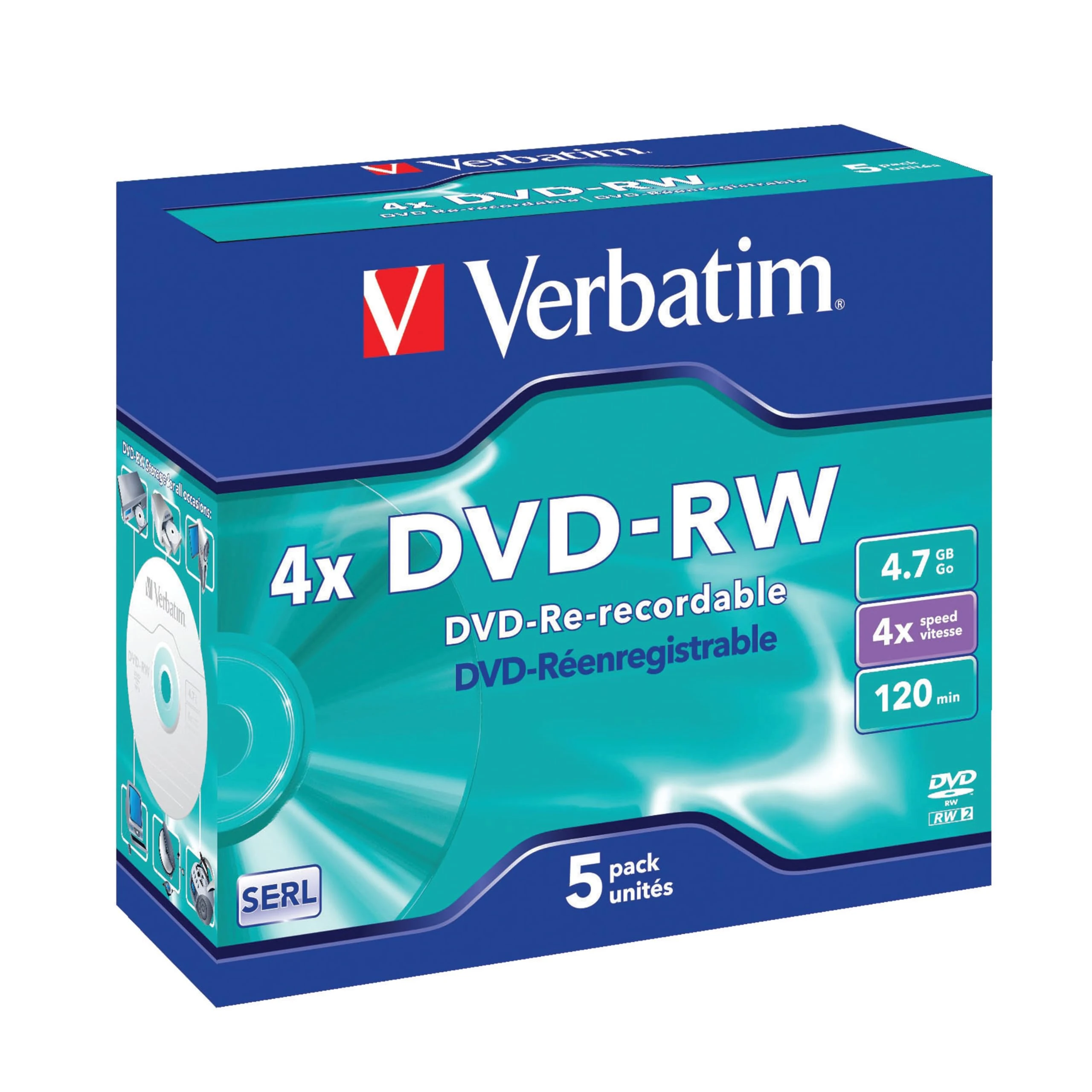 Verbatim 43285 DVD-RW 4.7GB 4x 5 pack, Individually cased