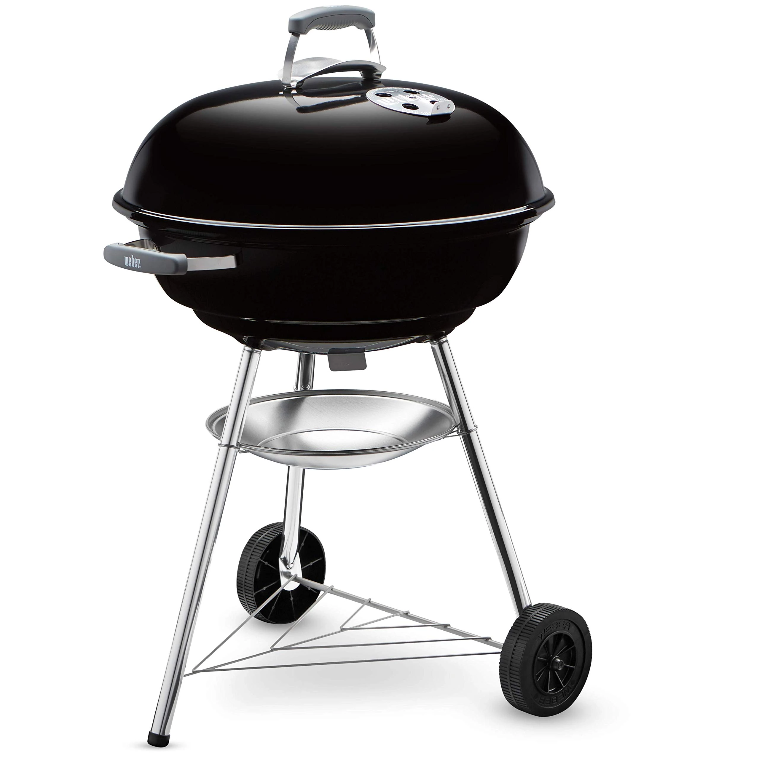 Weber Compact Kettle Charcoal Barbecue/Porcelain-Enamelled Lid & Bowl, 57 cm Cooking Surface, Ash Collection Tray, Tripod Stand and Wheels, Black/Silver
