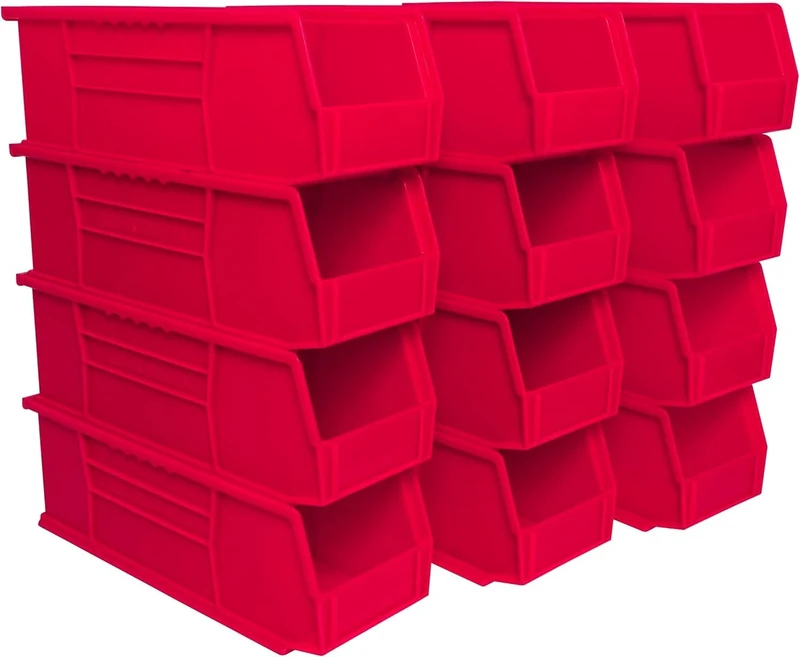 Akro-Mils 30234 AkroBins Plastic Storage Bins, Space-Saving Stackable Bins for Garage, Pantry, Craft Organization, 38.1 cm x 12.7 cm x 12.7 cm, Red, 12-Pack