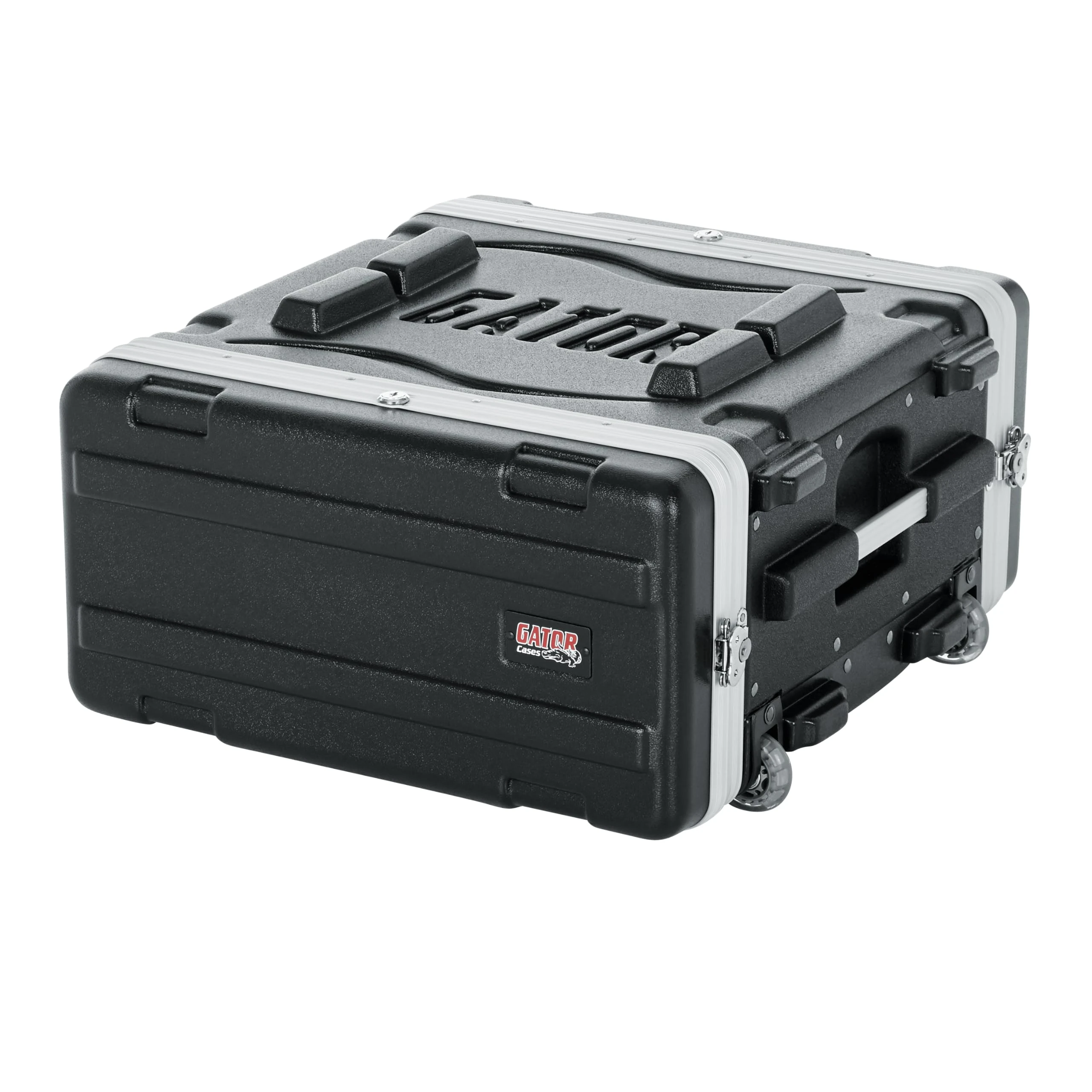 Gator Cases Lightweight Molded 4U Rack Case with Built-in Power Supply, Heavy Duty Latches, Retractable Tow Handle, and Recessed Wheels; 19.25" depth (GRR-4PL-US)