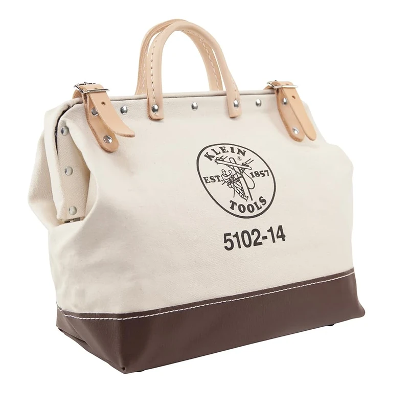 Klein Tools 5102-14 Heavy Duty Natural Canvas Tool Bag, Tool Tote, Multi-Purpose Bag with Wide Hinged Opening and Leather Handles, 14-Inch - Image 1