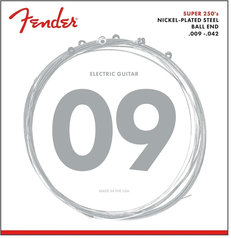 Fender Super 250 Electric Guitar Strings, 9-42 Gauge, Nickel-Plated Steel, High Output and Smooth Feel, Ball End, Dynamic Rock and Blues Tone, 1 Set