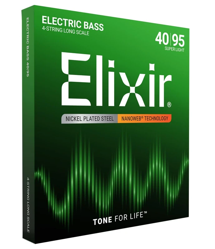 Elixir 14002 Strings Nickel Plated Steel 4-String Bass Strings w NANOWEB Coating, Long Scale, Super Light (.040-.095)