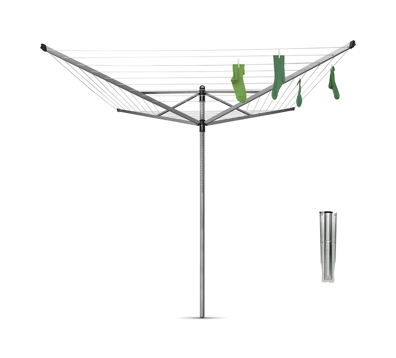Brabantia - Lift-O-Matic - 50 Metres of Clothes Line - Adjustable in Height - UV-Resistant & Non-Slip Lining - Umbrella System - Rotary Dryer with Ground Spike 45 mm - Metallic Grey - ø 295 cm