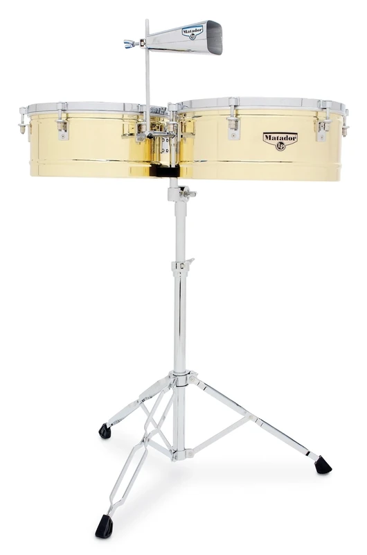 LP Latin Percussion Timbales Matador brass 14" + 15", steel shell depth 16.5 cm, brass look, conventional tuning system, including Matador cowbell, tuning keys & sticks, M257B, drum