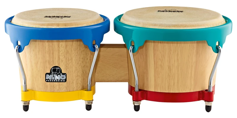 Nino Percussion Wood Bongo Instrument - Musical Instrument for Children from 5 Years - 2 Hand Drums - Siam Oak, Natural and Multicolored (NINO3NT-BK)