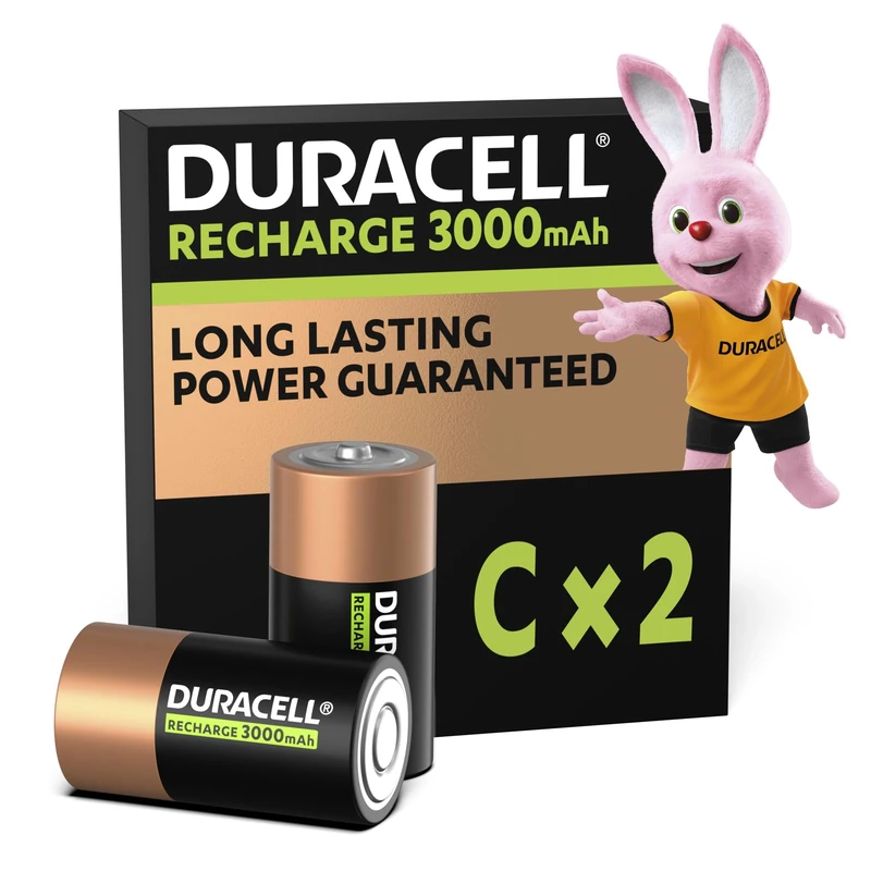 Duracell C Rechargeable Batteries (Pack of 2), 3000 mAh NiMH, Long Lasting Power
