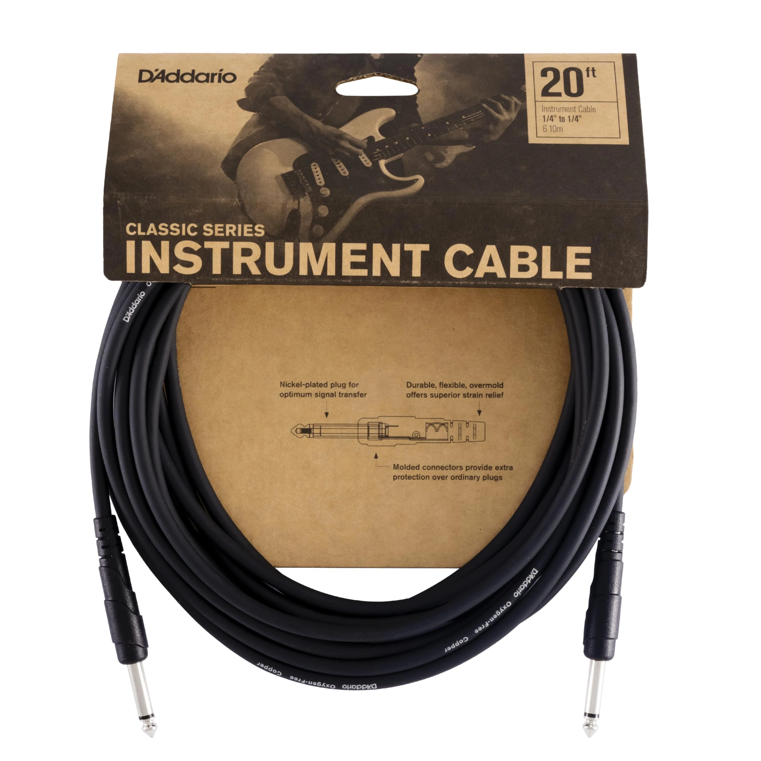D’Addario Accessories Classic Series Guitar Cable - Instrument Cord with ¼ Inch Ends - Durable & Reliable - Bass or Guitar Cord - Straight End - 20 feet