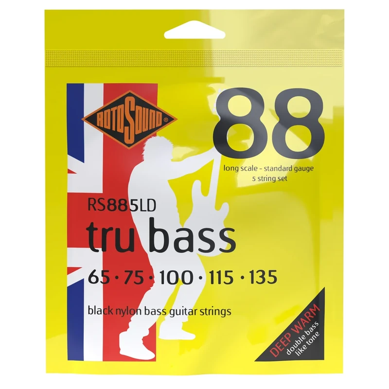 Rotosound RS885LD Black Nylon Standard Gauge Flatwound Bass Strings (65-135), White Black Red Blue, Small Medium Large X-Large 2X-Large