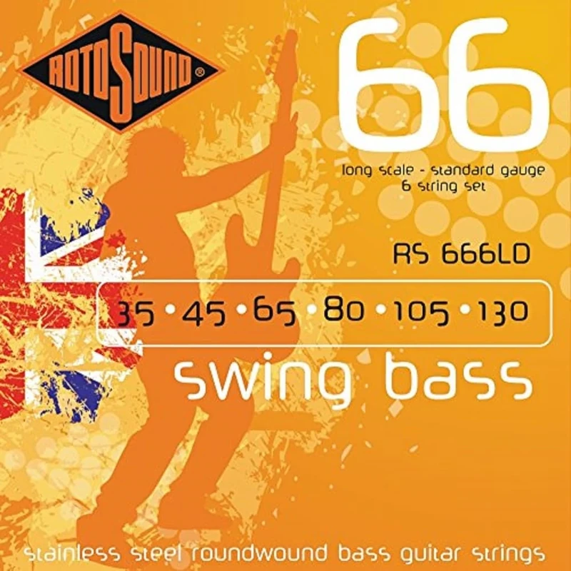 Rotosound strings for electric bass SWING 66 STAINLESS SETS 6-str. RS666LD Stainless 35-130, White Black Red Blue, Small Medium Large X-Large 2X-Large