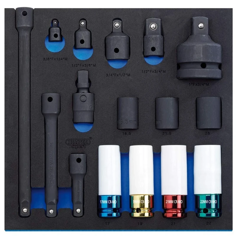 Draper 63482 1/2" Square Drive Impact Socket 16 Piece Set in 1/2 Eva Insert Tray