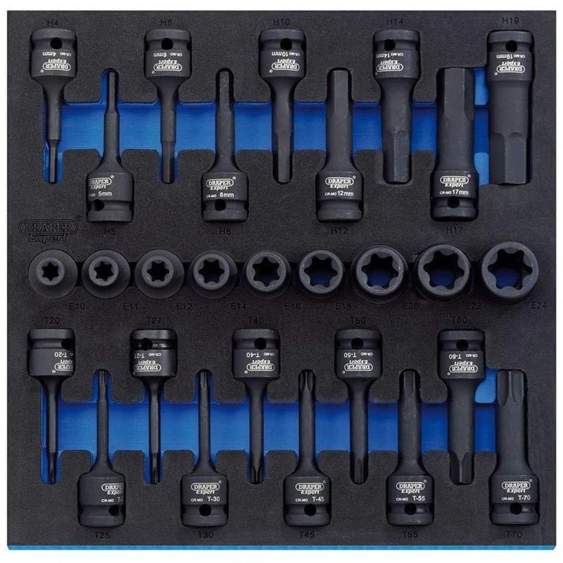 Draper 63490 1/2" Square Drive Impact TX-Star and Hex Socket 28 Piece Set in 1/2 Eva Insert Tray , Blue