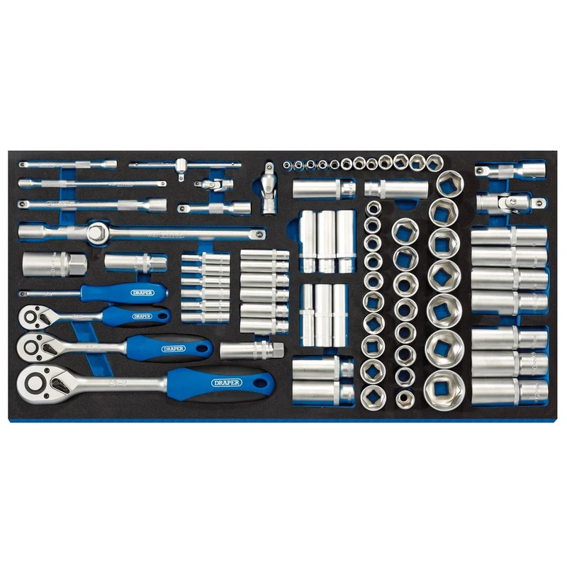 Draper 63540 1/4", 3/8" and 1/2" Socket 84 Piece Set in Full Drawer Eva Insert Tray, Blue