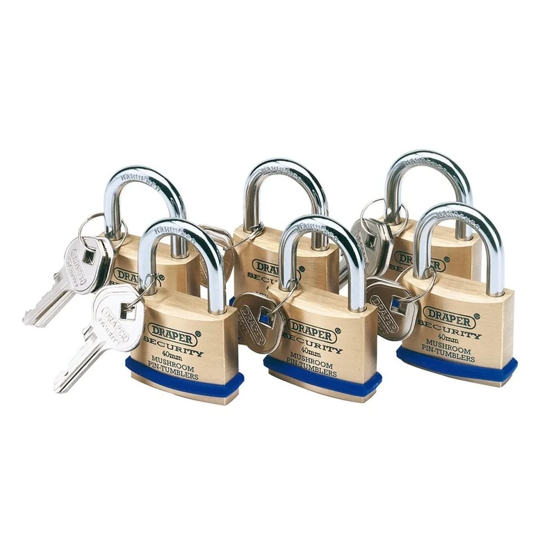 Draper 67659 40 mm Keyed Alike Solid Brass Padlock with Hardened Steel Shackle (6-Pack)