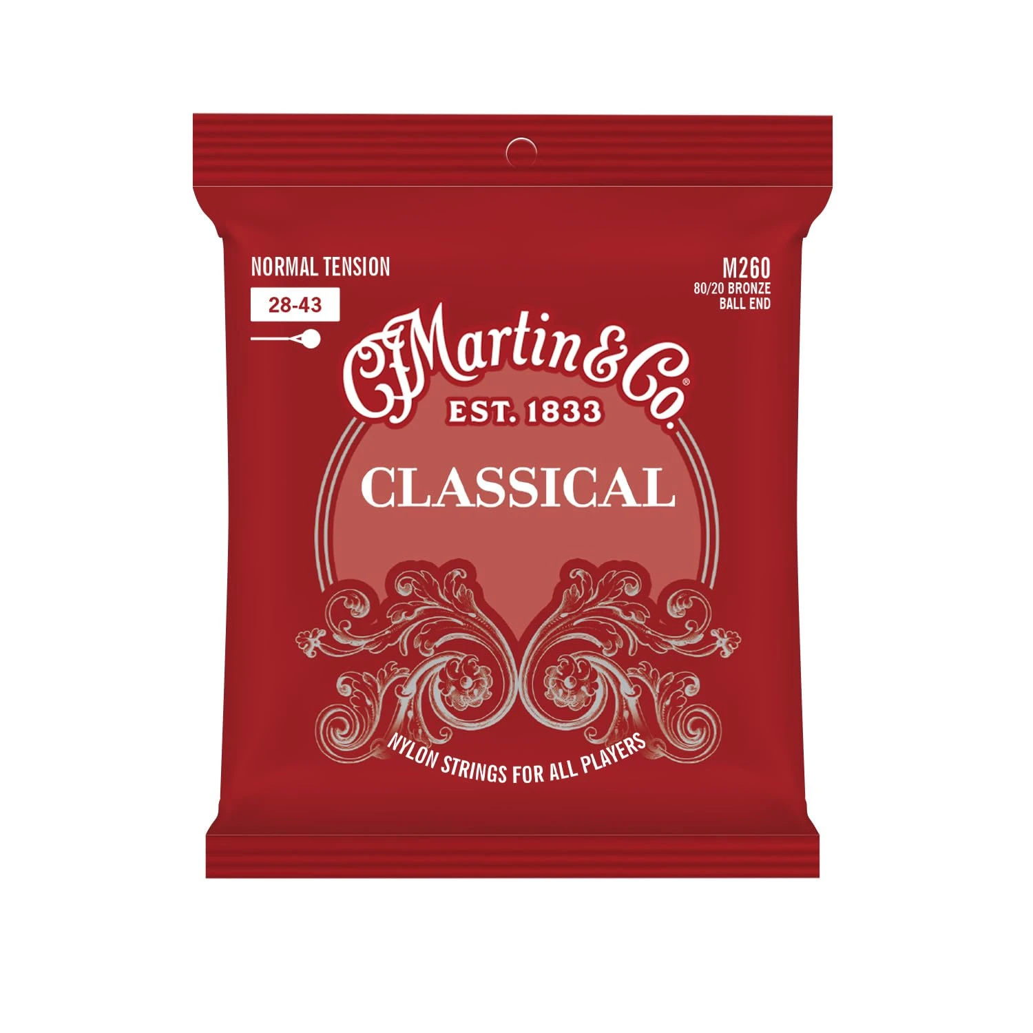 Martin Guitar Classical M260, Nylon Normal Tension 80/20 Bronze Ball End Acoustic Guitar Strings 1 Pack, Silver