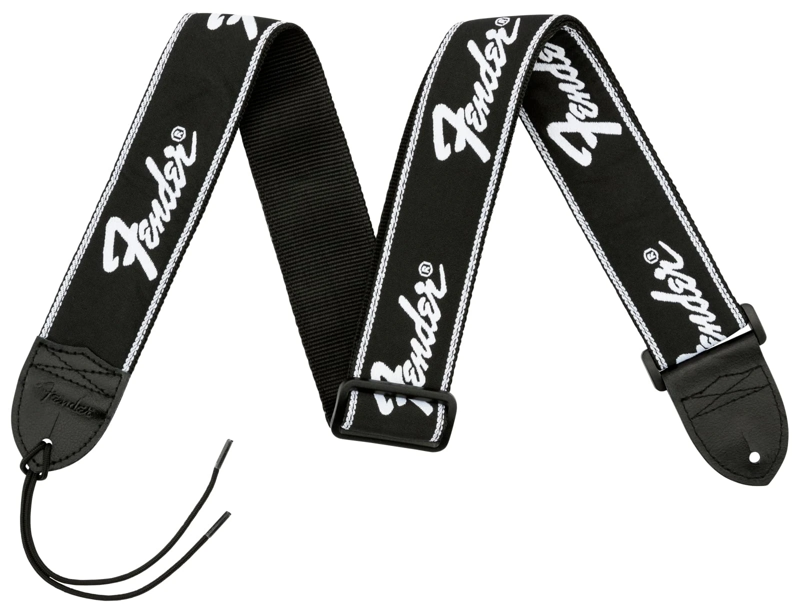 Fender Running Logo Guitar Strap, Adjustable 30 to 51 Inches, Reinforced Leather Ends, Comfortable 5cm Wide Polyester, Classic Black with White Stitching
