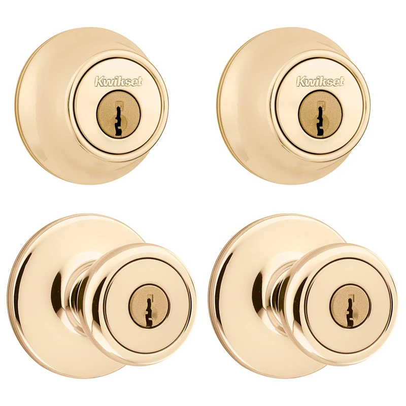 Kwikset 242 Tylo Entry Knob and Single Cylinder Deadbolt Project Pack in Polished Brass