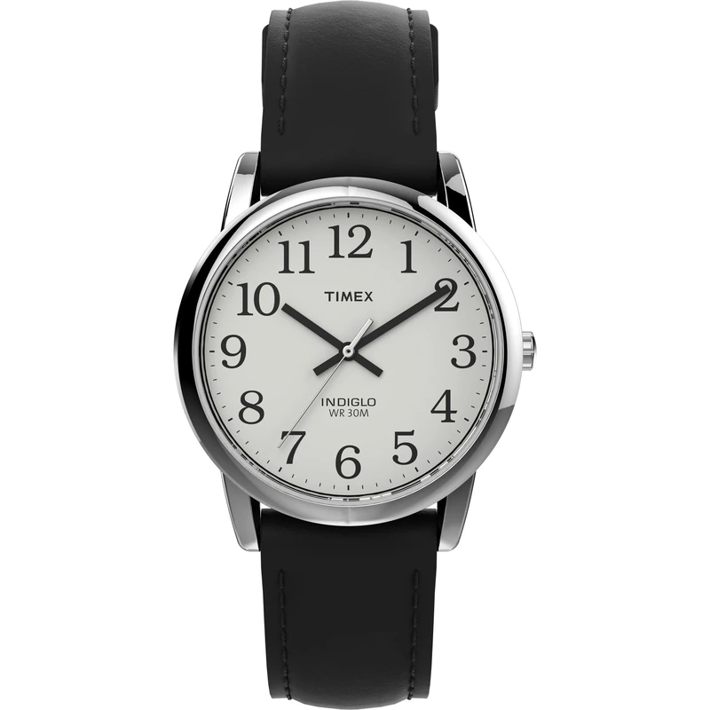 Timex Men's T20501 Quartz Easy Reader Watch with White Dial Analogue Display and Black Leather Strap Silver-Tone - Image 1