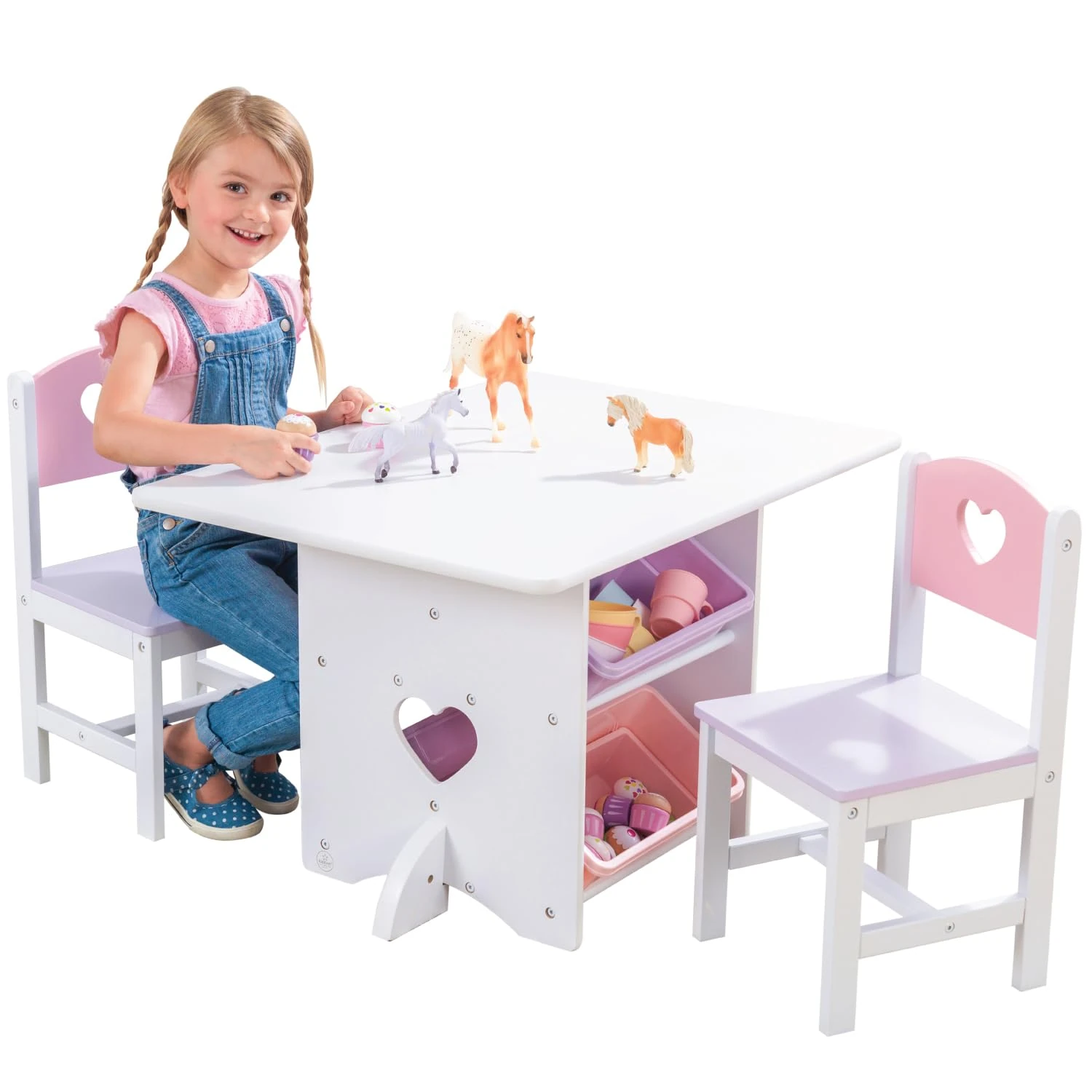KidKraft Heart Wooden Table and 2 Chairs with Storage Bins, Kids Table and Chair Sets, Toy Storage, Kids Children's Playroom/Bedroom Furniture, 26913
