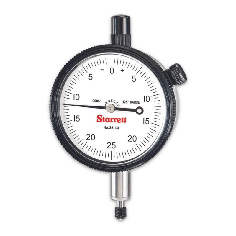 Starrett 25-131J Dial Indicator, 0.375" Stem Diameter, Lug-On-Centre Back, White Dial, 0-25-0 Reading, 2.25" Dial Diameter, 0-0.125" Range, 0.0005" Graduation