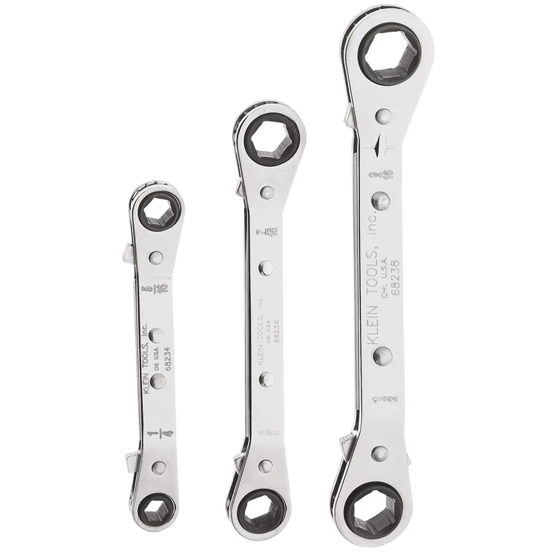 KLEIN TOOLS 68244 Fully Reversible Ratcheting Offset Box Wrench Set, 3-Piece, Yellow