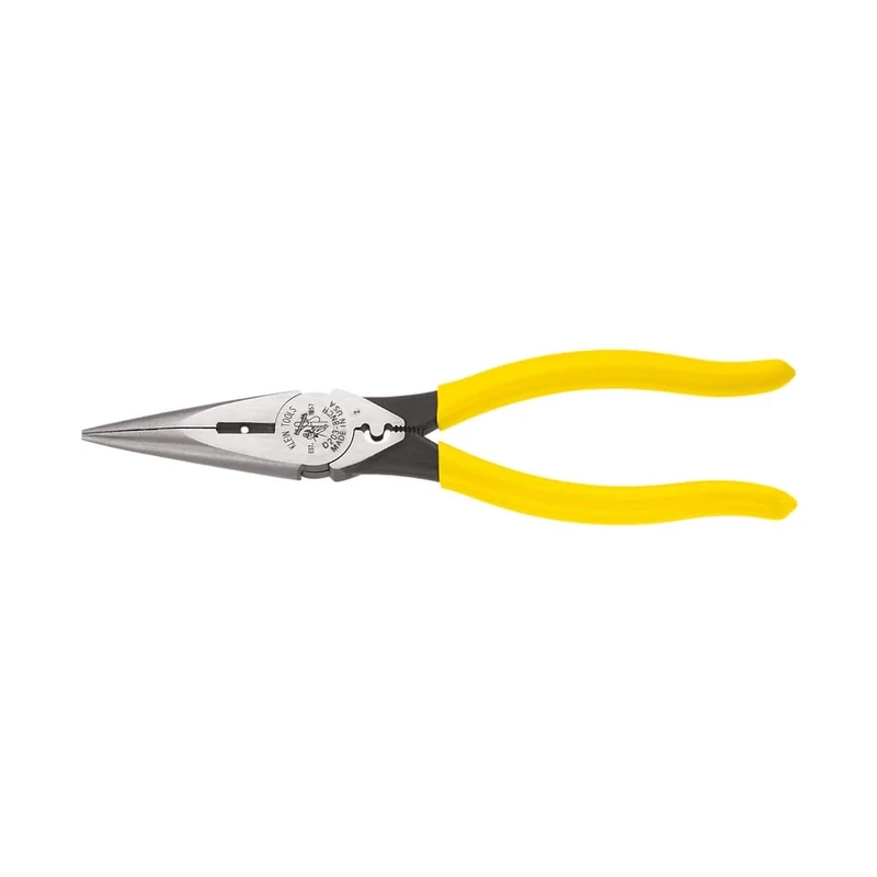 Klein Tools D203-8NCR Long Nose Side-Cutter Strip/Crimp Pliers, Induction Hardened and Heavier for Increased Cutting Power, 8-Inch