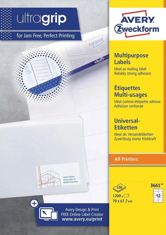 Avery Zweckform 3661 Universal Labels 100 Sheets / 1,200 Labels 70 x 67.7 mm White