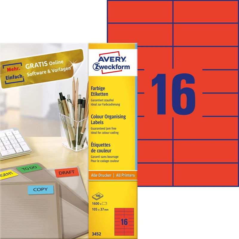 Avery Zweckform 3452 Coloured Labels – A4 – 1600 Labels 105 x 37 mm 100 Sheets Red