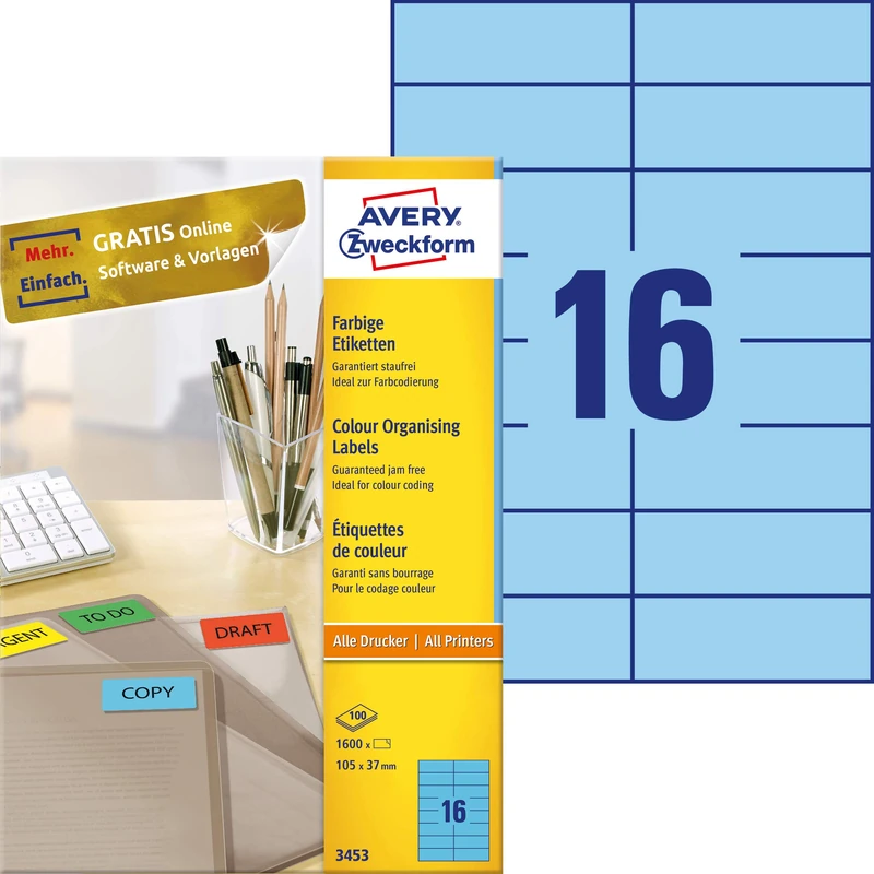 Avery Zweckform 3453 Universal Labels 105 x 37 mm 100 Sheets Coloured