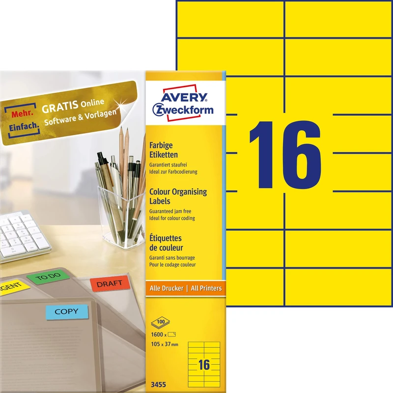 AVERY Zweckform Coloured Labels, Yellow, 105 x 37 mm - 100 Labels per Sheet, A4, Laser/Inkjet, Permanent