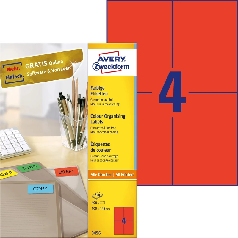 Avery Coloured Labels, Red, 105 x 148 mm - printer labels (Red, 105 x 148 mm, Self-adhesive printer label, A4, Red, Paper, Laser/Inkjet, Permanent)