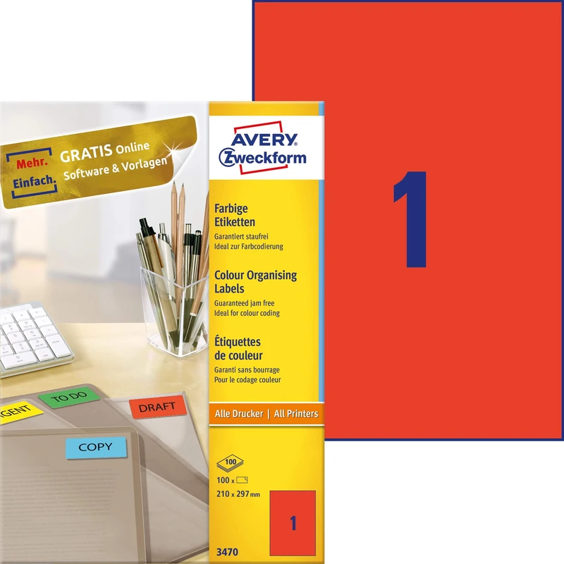 Avery Zweckform 3470 Universal Labels 210 x 297 mm 100 Sheets Coloured