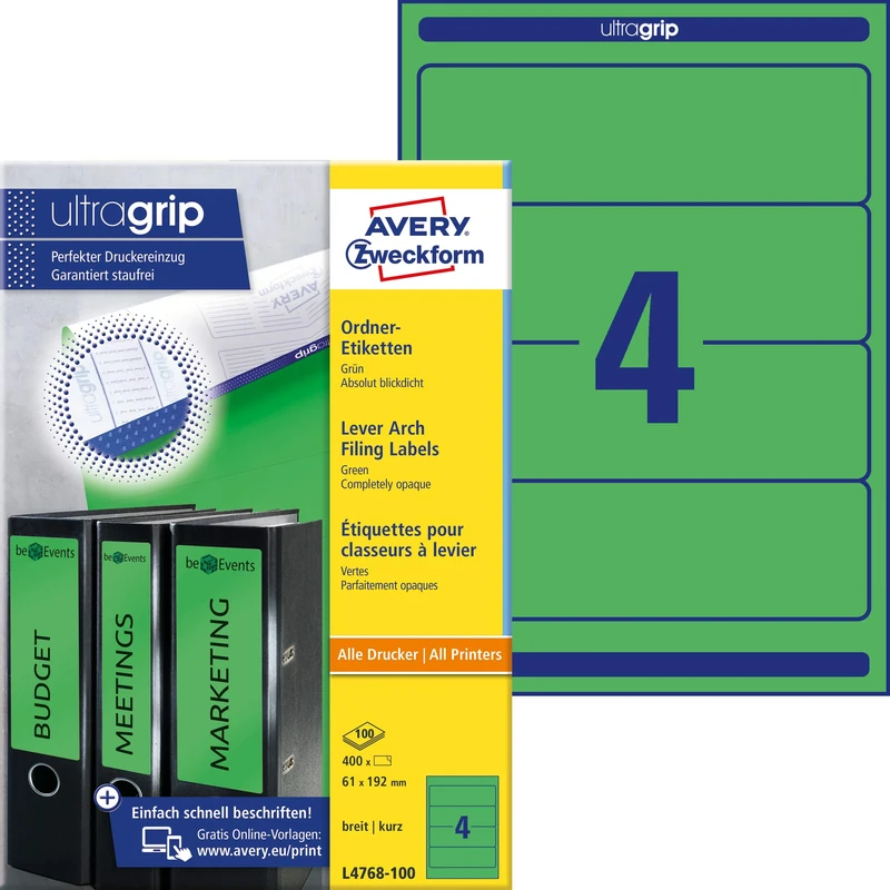 Avery Zweckform L4768 100 Folders A4 (Pack of 400 Labels 192 x 61 mm 100 Sheets Green