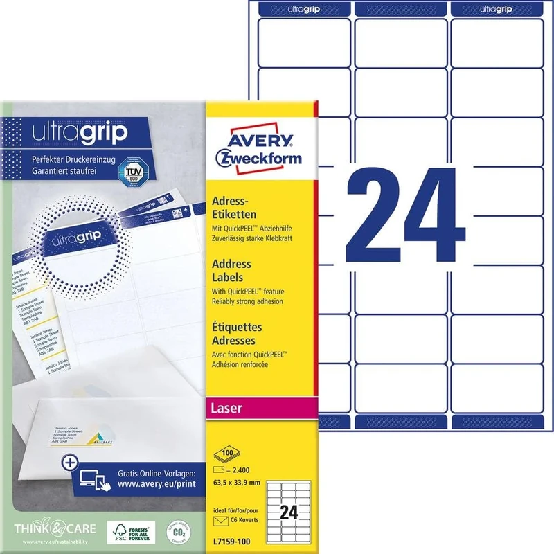 AVERY Zweckform L7159-100 Address Labels 100 Sheets 2400 Labels 63.5 x 33.9 mm White