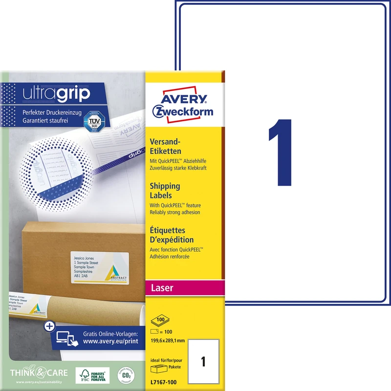 Avery Zweckform L7167 Shipping Labels (Pack of 100 Sheets, Opaque, 199.6 x 289.1 MM 100 Sheets White