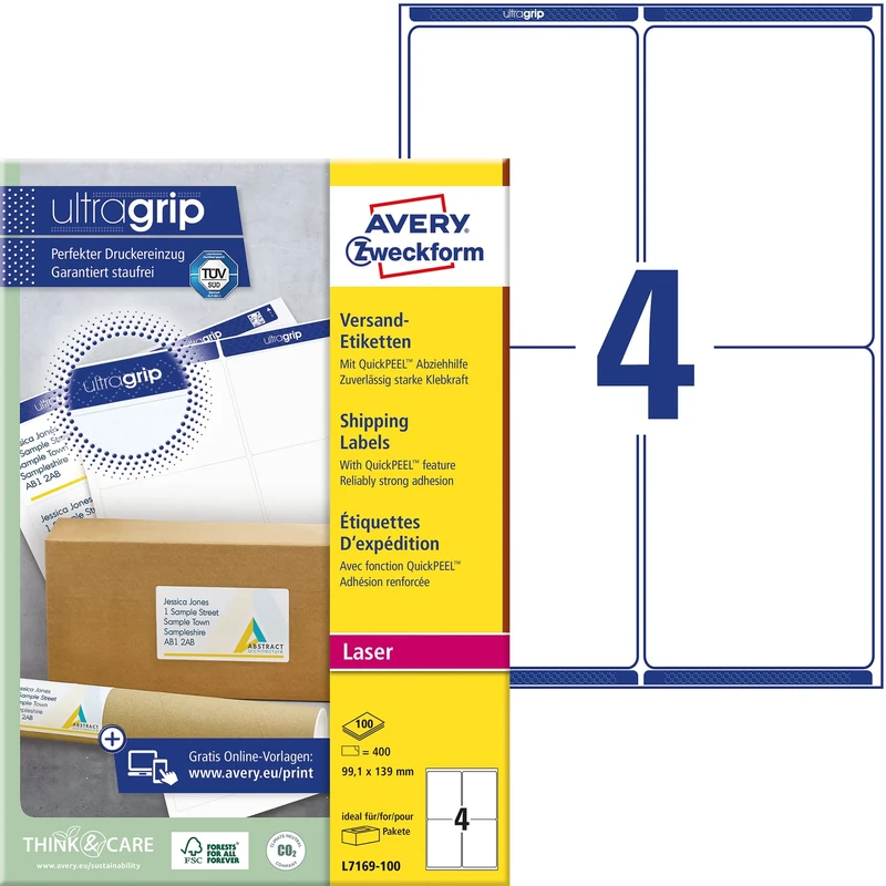 AVERY Zweckform L7169-100 Shipping Labels (400 Labels with Ultragrip, 99.1 x 139 mm on A4, Printable, Self-Adhesive, for Medium, Large Parcels and Postal Tubes) 100 Sheets, White