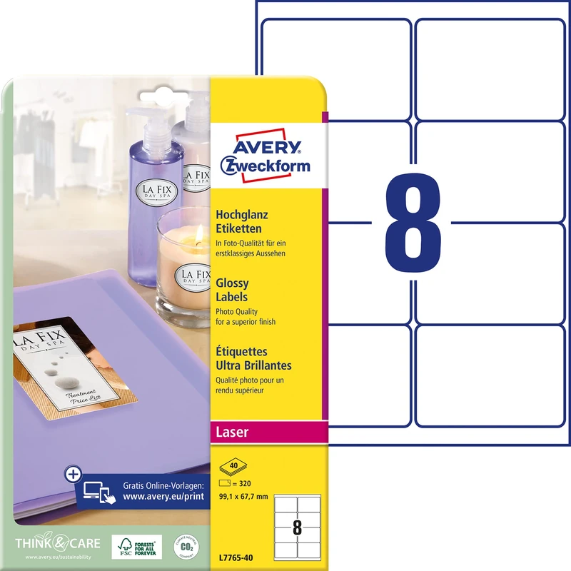 Avery Zweckform L7765-40 Labels with Special Coating 40 Sheets / 320 Labels / 99.1 x 67.7 mm White