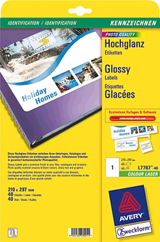 AVERY Zweckform L7767-40 Labels with Special Coating 40 Sheets / 40 Labels / 210 x 297 mm White