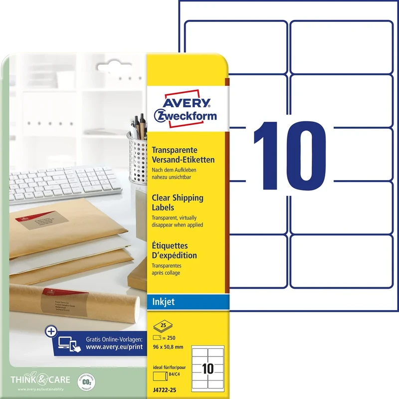 Avery Zweckform J4722-25 Labels, 96 x 50.8 mm, 25 Sheets, 250 Labels, Transparent