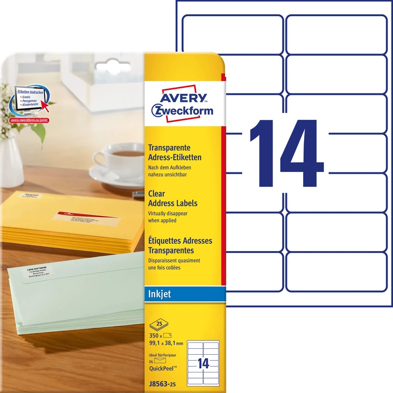Avery Zweckform J8563-25 Transparent Address Labels 99.1 x 38.1 mm 25 Sheets - Image 1