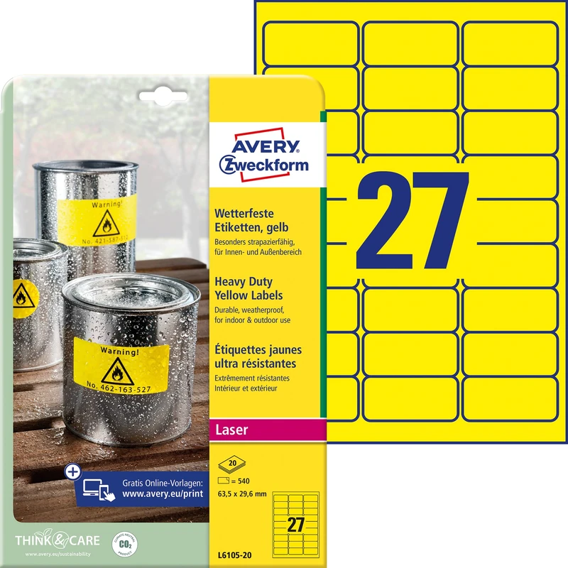 Avery Zweckform L6105-20 Heavy-Duty Weatherproof Labels for Shelves 63.5 x 29.6 mm 20 Sheets - Image 1
