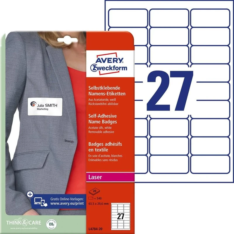 AVERY Zweckform L4784-20 Name Labels 20 Sheets / 540 Labels / 63.5 x 29.6 mm White - Image 1
