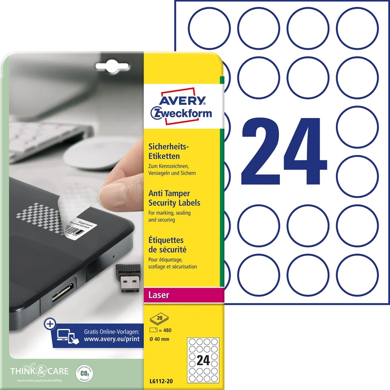 Avery Zweckform L6112-20 Anti-Tamper Security Labels 20 Sheets / 480 Labels/Diameter 40 mm White